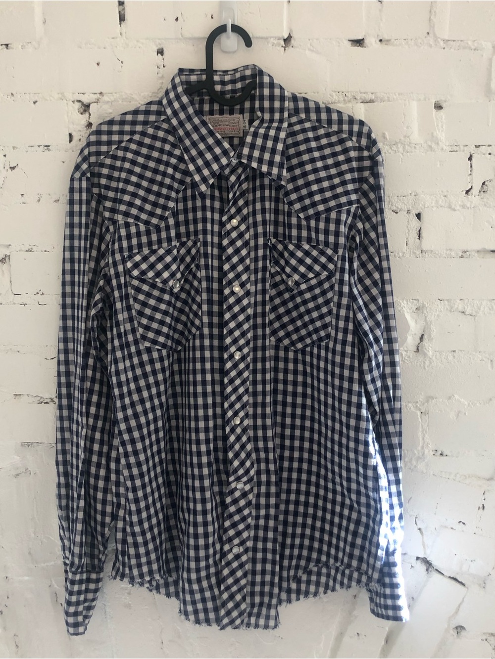 Men's Navy and White Gingham Western Button-Down Shirt
